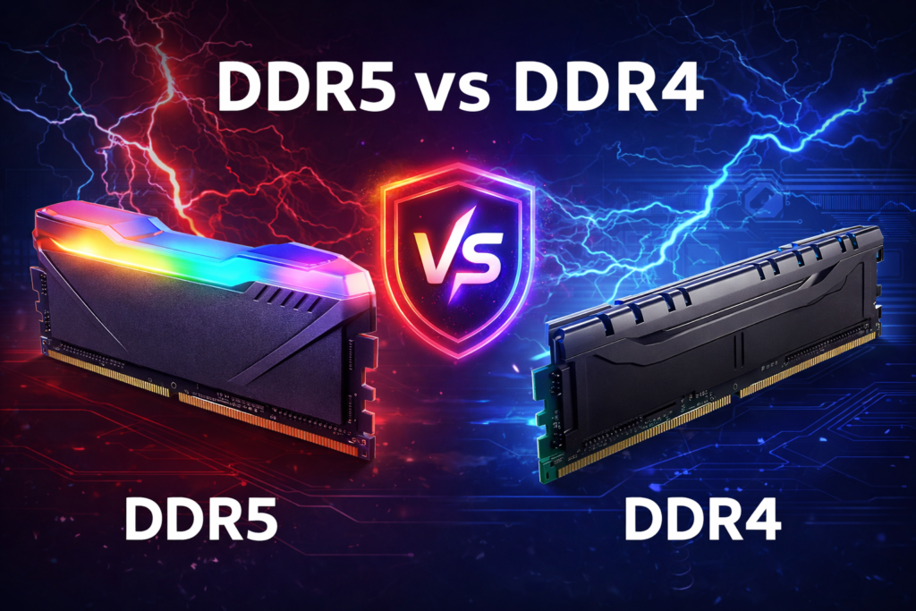 Visual comparison between DDR5 and DDR4 RAM modules side by side with a glowing VS symbol in the center